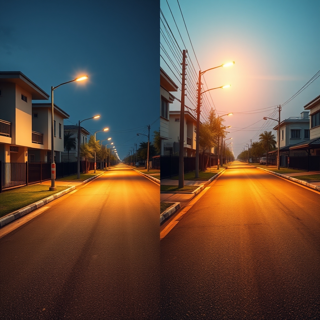 เปรียบเทียบโคมไฟถนนที่ให้แสงสว่างสม่ำเสมอไม่แยงตากับโคมที่มีแสงสว่างจ้าเกินไป