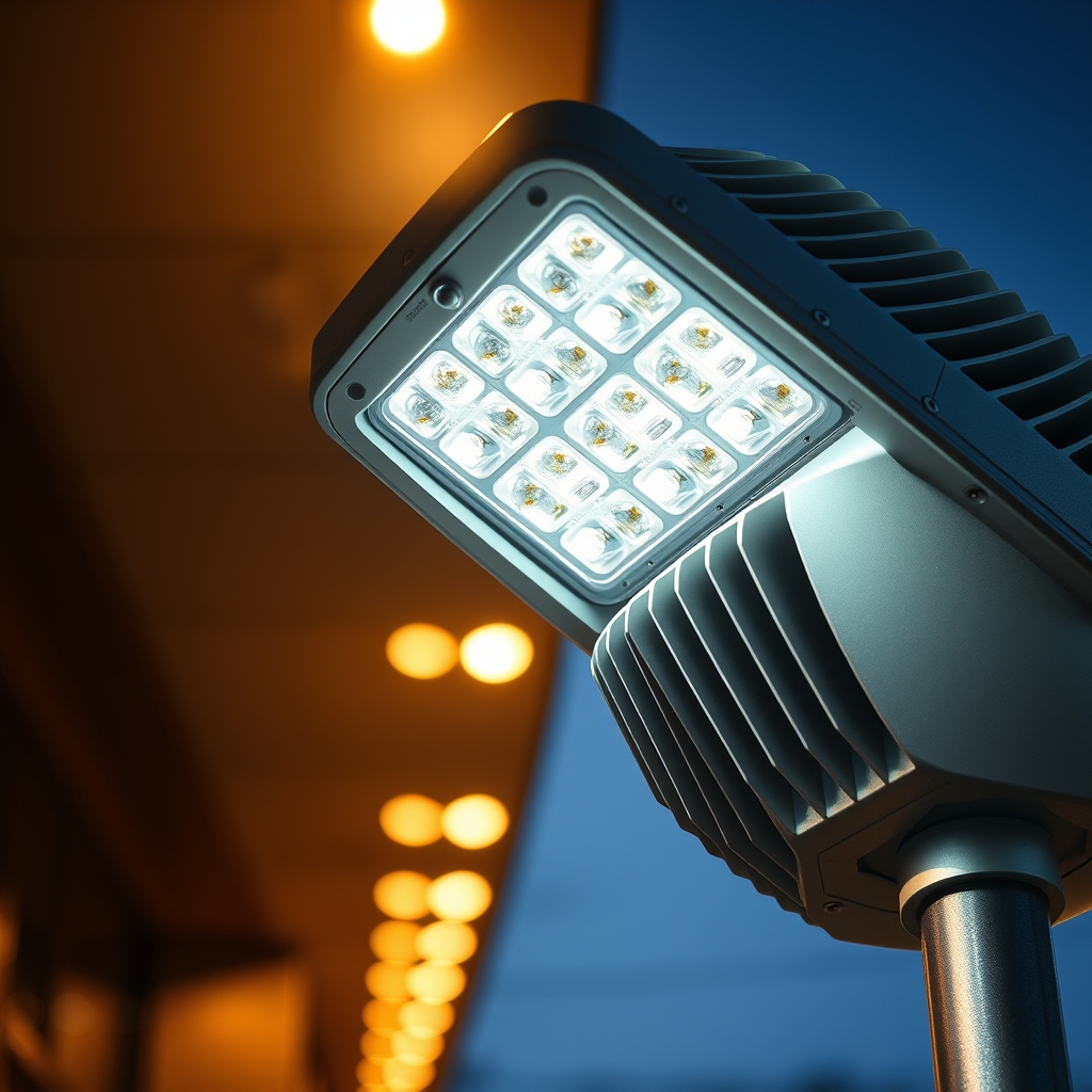 ภาพโคลสอัพแผงชิป LED และเลนส์ควบคุมการกระจายแสงแบบพิเศษของโคมไฟถนน